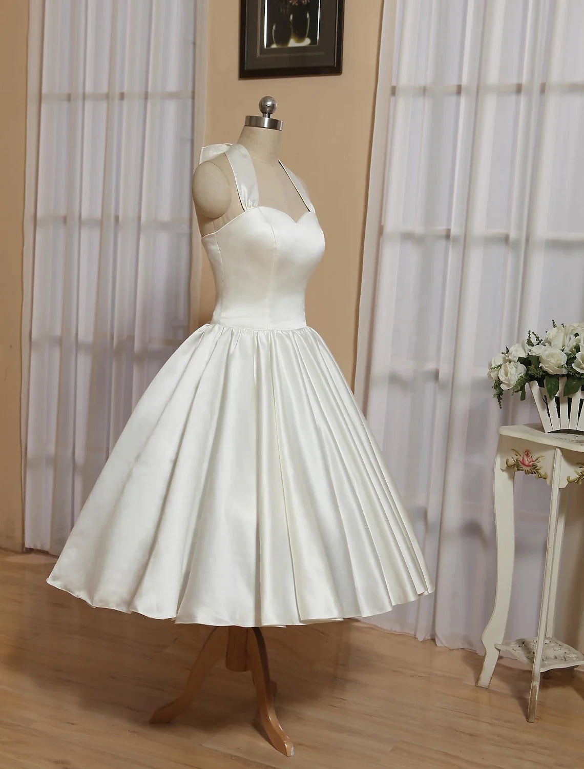 Wholesa Reception Little White Dresses Wedding Dresses A-Line Halter Sleeveless Tea Length Satin Bridal Gowns With Bow(s) Pleats