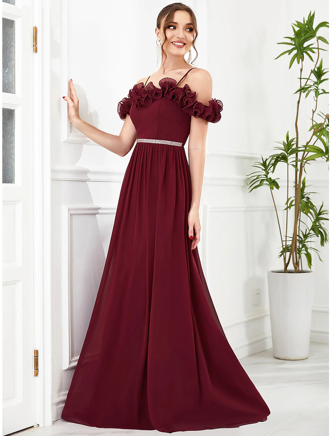 wholesa A-Line Prom Dresses Vintage Dress Wedding Guest Birthday Floor Length Sleeveless Off Shoulder Bridesmaid Dress Chiffon with Appliques Shouder Flower