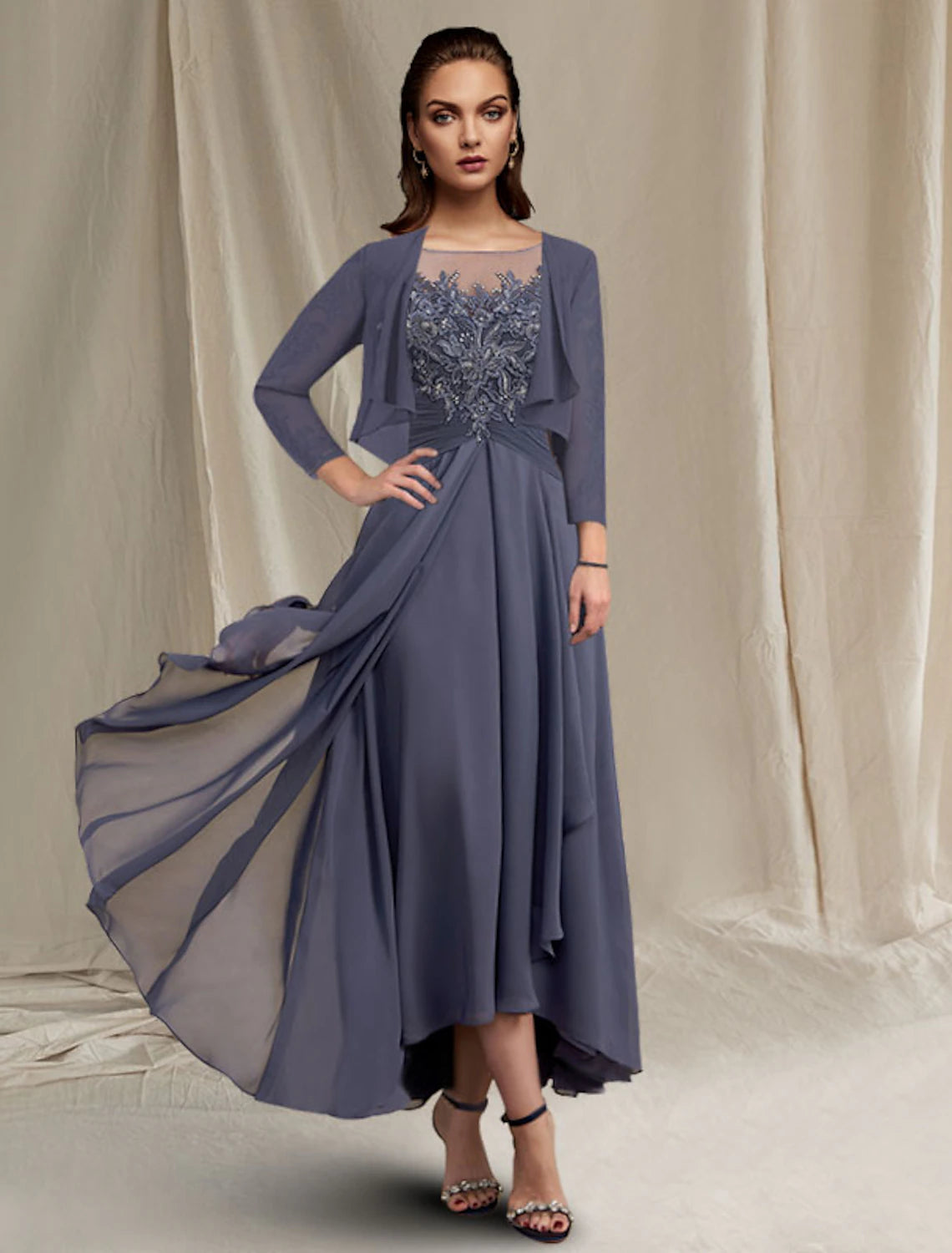wholesale   Two Piece A-Line Mother of the Bride Dress Elegant High Low Jewel Neck Asymmetrical Tea Length Chiffon Lace 3/4 Length Sleeve Wrap Included with Sequin Appliques