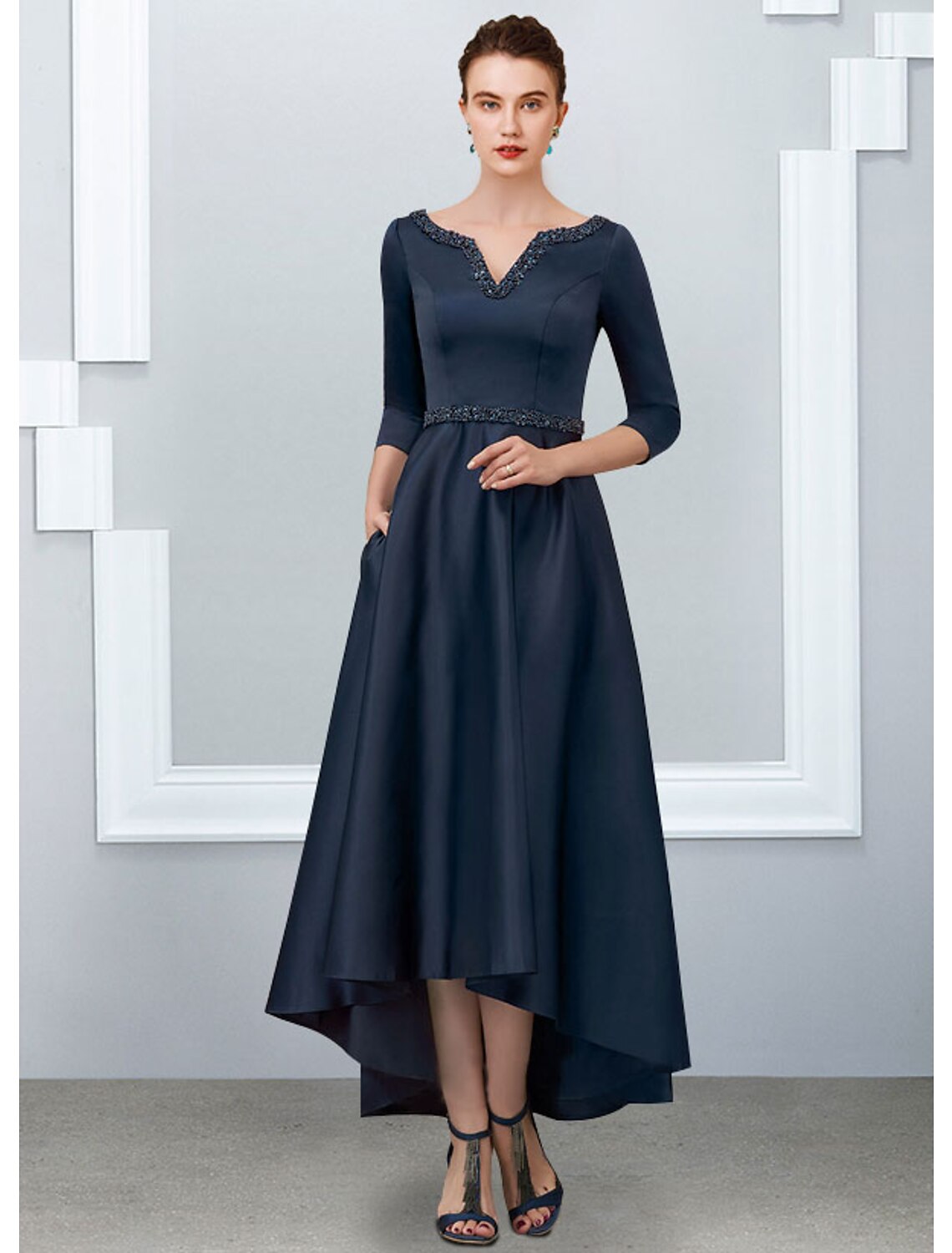 wholesale  A-Line Mother of the Bride Dress Elegant High Low V Neck Asymmetrical Ankle Length Satin Half Sleeve with Pleats