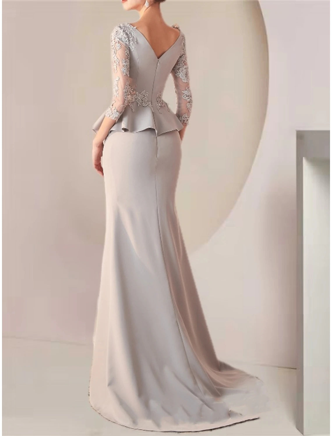 Wholesa Mermaid / Trumpet Mother of the Bride Dress Wedding Guest Elegant V Neck Sweep / Brush Train Stretch Fabric Half Sleeve with Lace Ruching