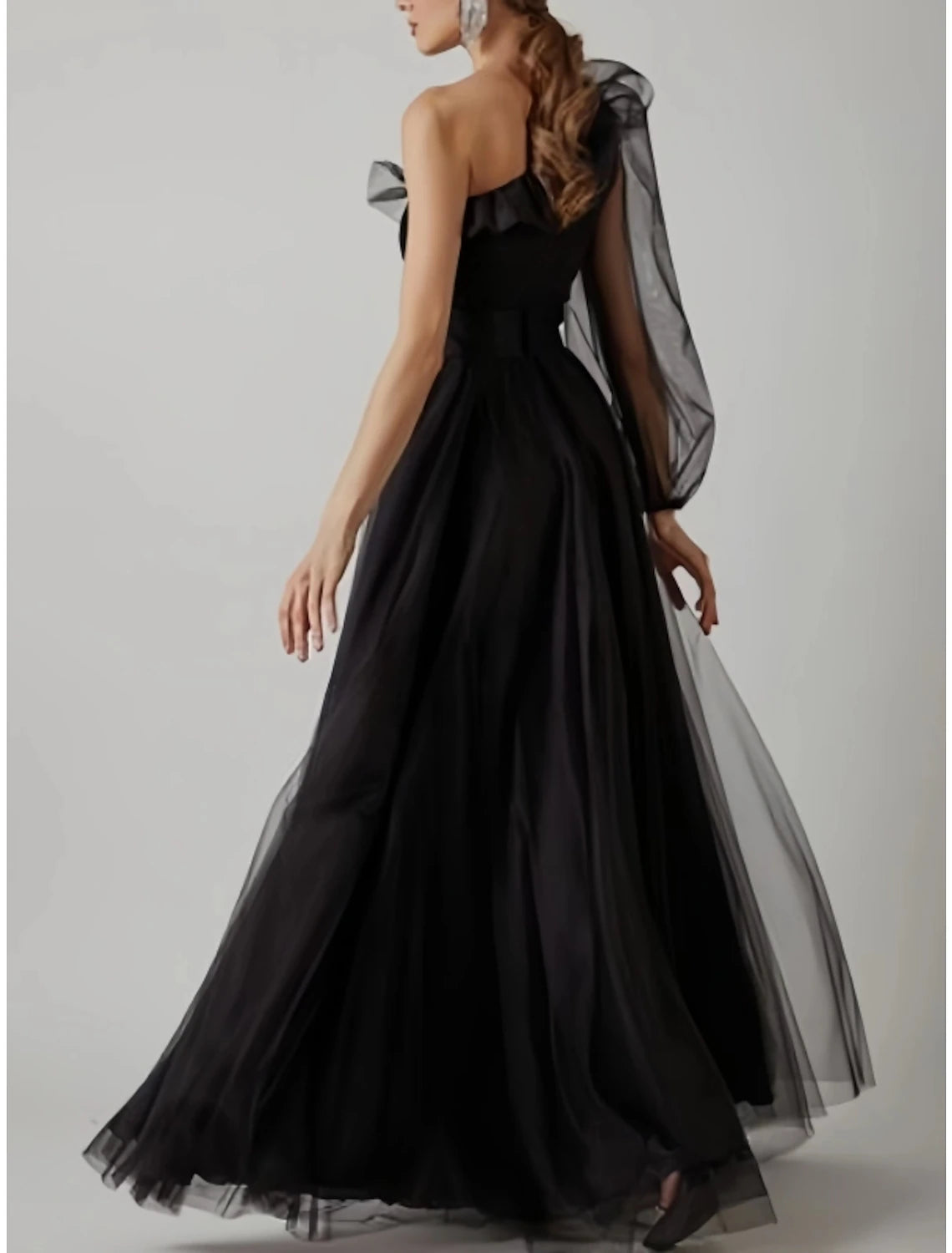 Wholesa  Sheath Prom Dress Elegant Black Dress Plus Size Evening Birthday Floor Length Long Sleeve One Shoulder Tulle with Pleats Ruffles Slit