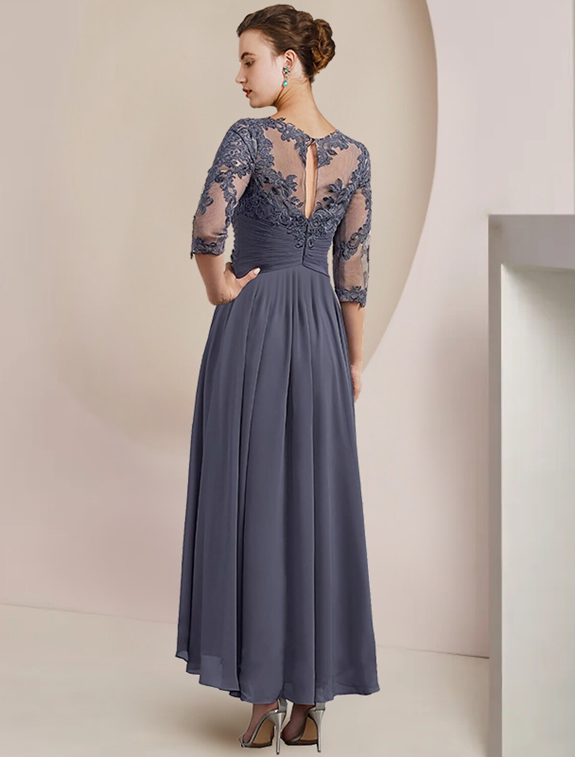 wholesale  Two Piece A-Line Mother of the Bride Dress Formal Wedding Guest Elegant Scoop Neck Tea Length Chiffon Lace 3/4 Length Sleeve Wrap Included with Appliques Ruching