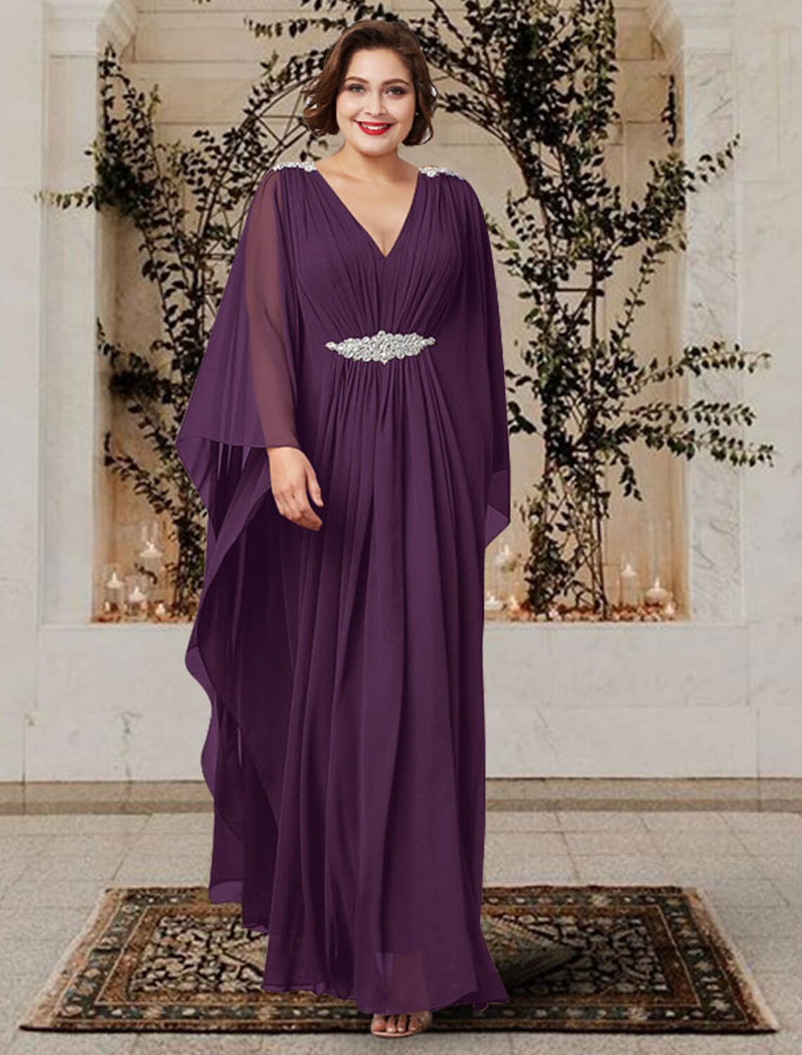 wholesale  A-Line Mother of the Bride Dress Plus Size Elegant V Neck Floor Length Chiffon Long Sleeve with Pleats Crystals