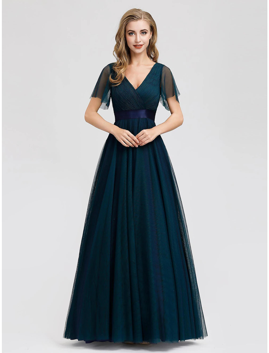 Wholesa A-Line Empire Wedding Guest Prom Dress V Neck V Back Short Sleeve Floor Length Chiffon with Pleats Ruched