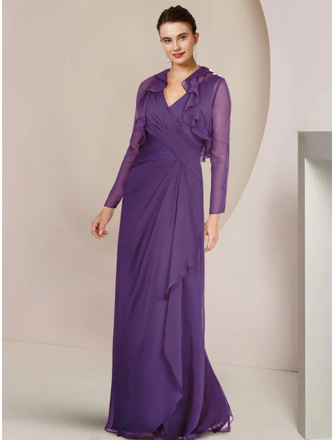 Wholesa  A-Line Mother of the Bride Dress Wedding Guest Elegant V Neck Floor Length Chiffon Long Sleeve with Ruffles Ruching