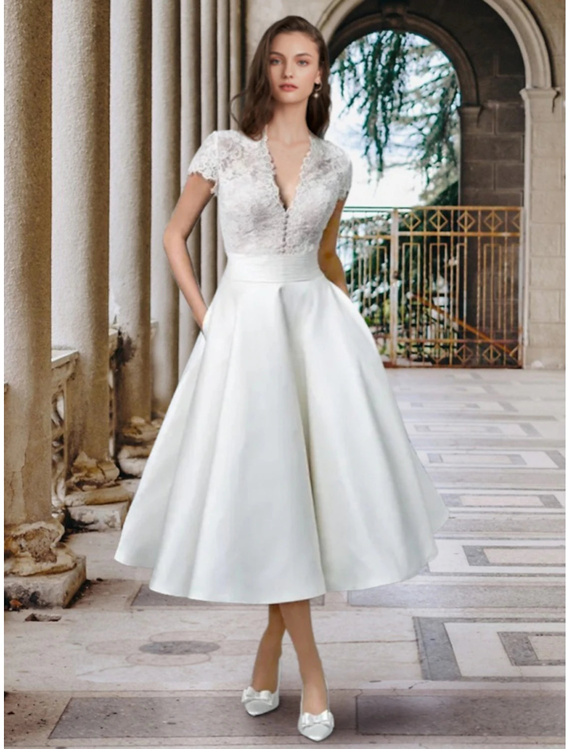 Wholesa  Little White Dresses Wedding Dresses A-Line V Neck Short Sleeve Tea Length Satin Bridal Gowns With Pleats Solid Color