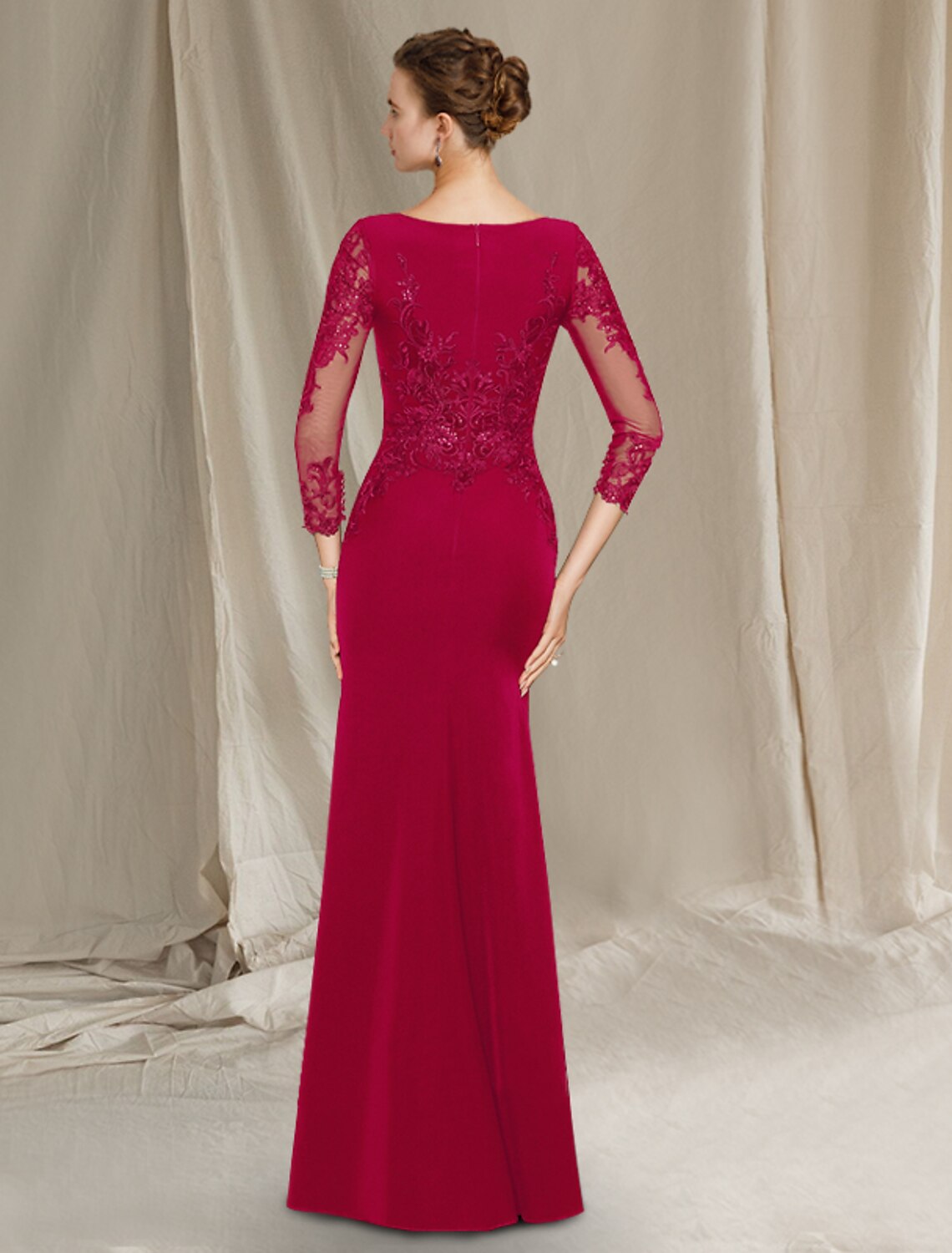 wholesale  Sheath / Column Mother of the Bride Dress Elegant Jewel Neck Floor Length Chiffon Lace Short Sleeve with Sequin Ruffles Appliques