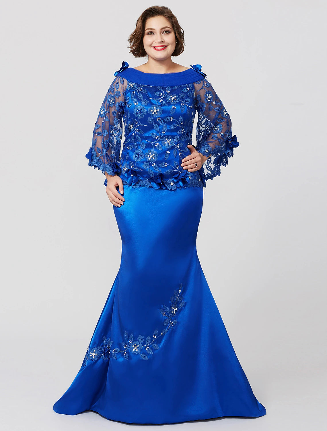 wholesale  Mermaid / Trumpet Mother of the Bride Dress Formal Plus Size Elegant Bateau Neck Sweep / Brush Train Lace Over Charmeuse Long Sleeve No with Pleats Ruffles
