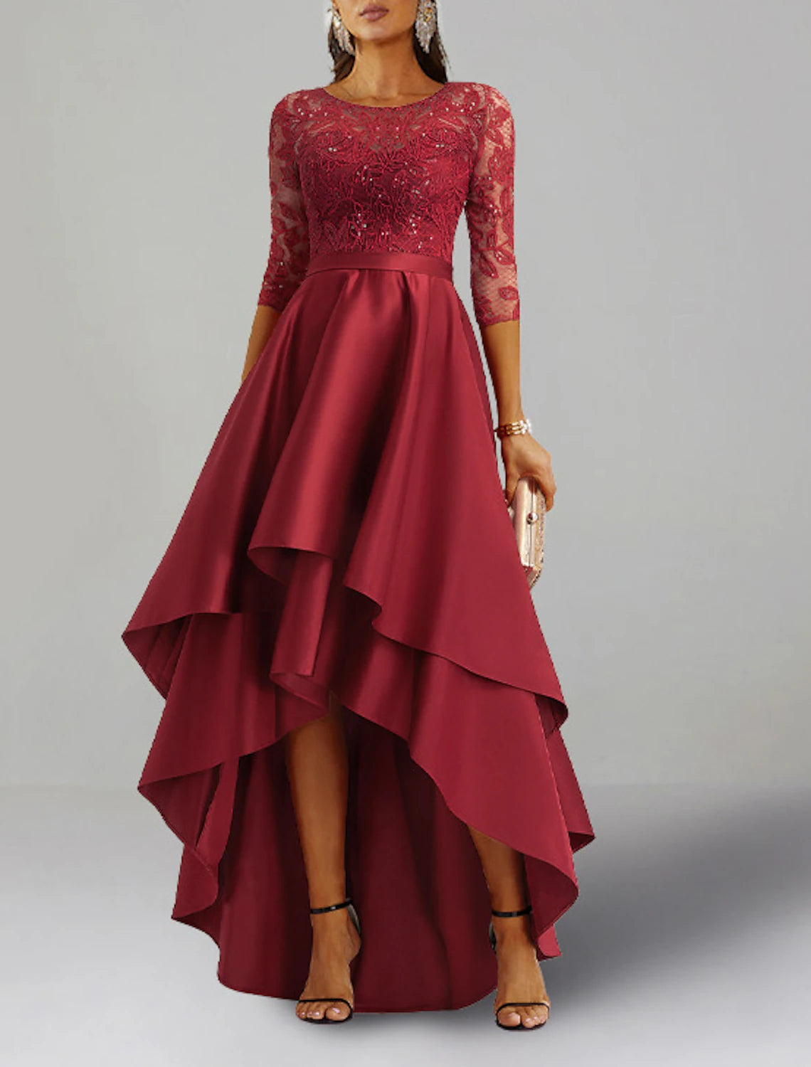 Wholesa A-Line Wedding Guest Dresses Elegant Dress Formal Wedding Guest Asymmetrical 3/4 Length Sleeve Jewel Neck Satin with Ruffles Appliques