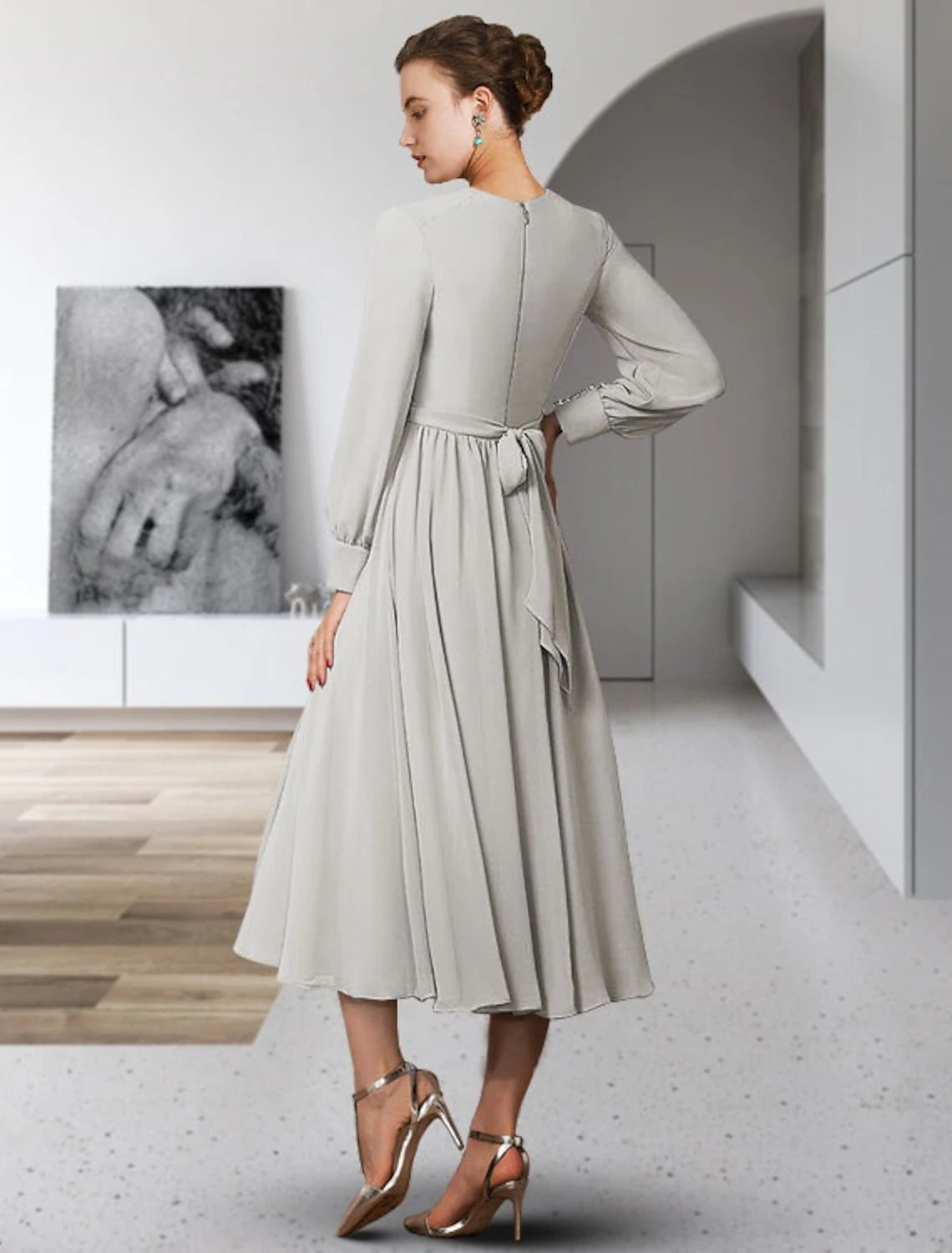 wholesale  A-Line Mother of the Bride Dress Elegant Jewel Neck Tea Length Chiffon Long Sleeve with Bow(s) Buttons Pleats