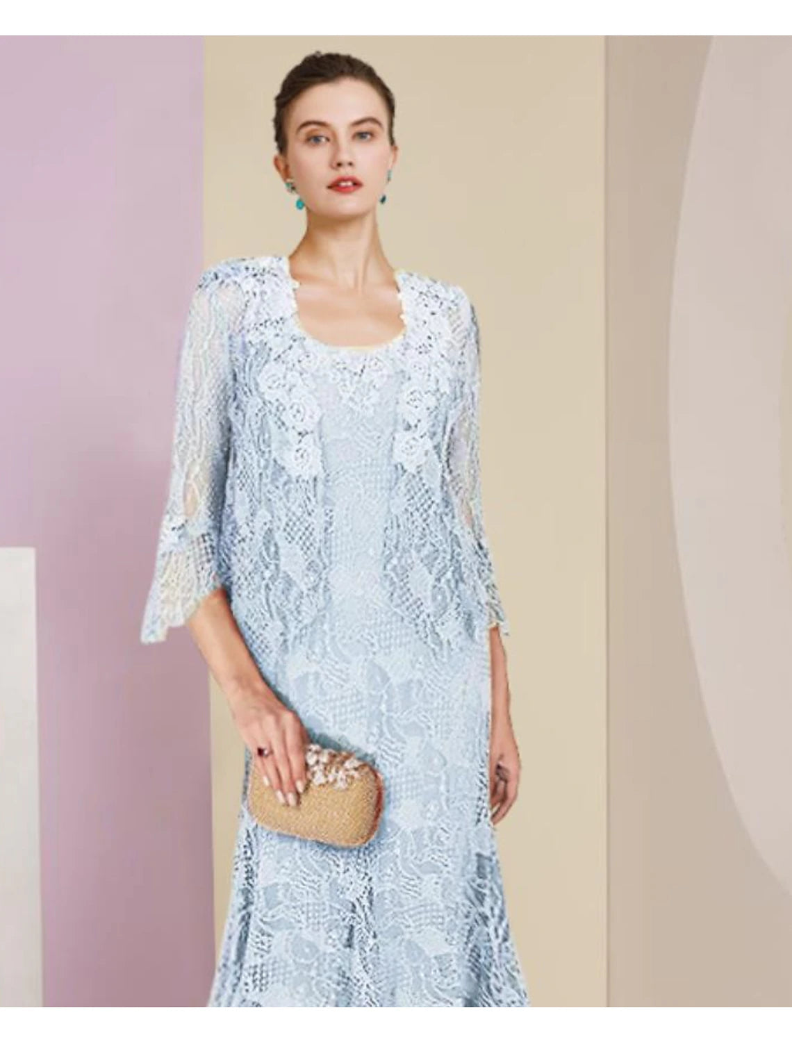 wholesale  Two Piece Mermaid / Trumpet Mother of the Bride Dress Formal Wedding Guest Elegant High Low Scoop Neck Asymmetrical Tea Length Lace Sleeveless Wrap Included with Solid Color