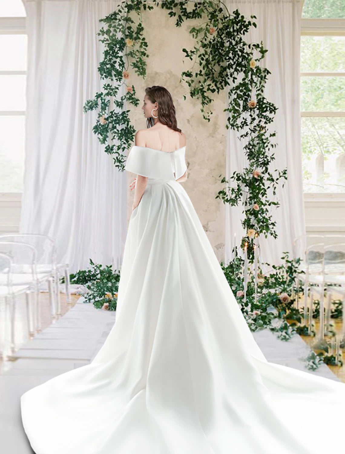 wholesale  Hall Casual Fall Wedding Dresses Sheath / Column Off Shoulder Cap Sleeve Chapel Train Satin Bridal Gowns With Ruched