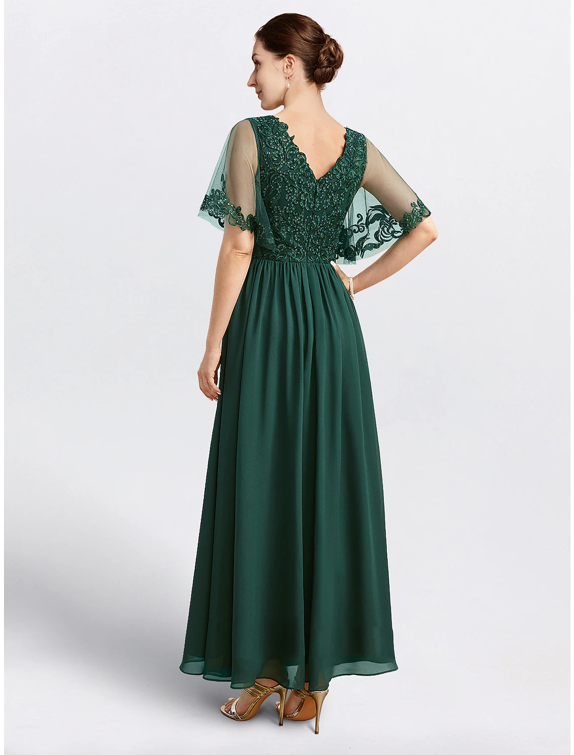 Wholesa A-Line Mother of the Bride Dress Formal Wedding Guest Elegant Cape Dress V Neck Tea Length Chiffon Short Sleeve with Beading Appliques