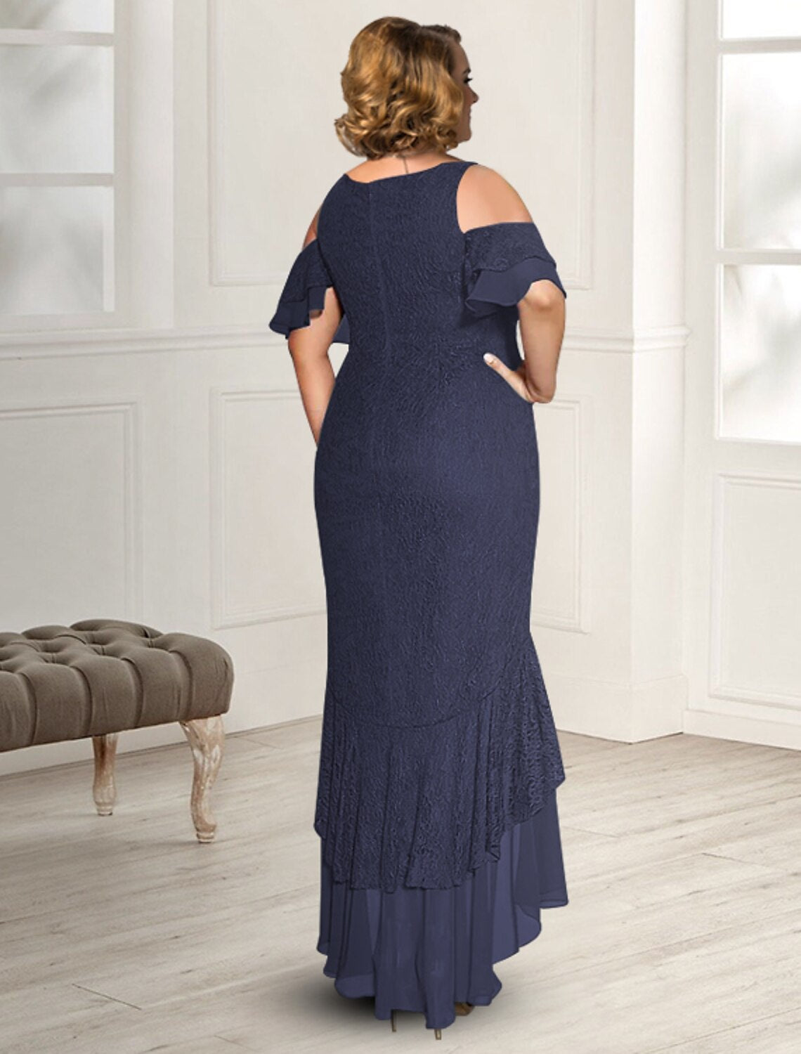 wholesale  Sheath / Column Mother of the Bride Dress Plus Size Elegant High Low Jewel Neck Asymmetrical Floor Length Chiffon Short Sleeve with Appliques
