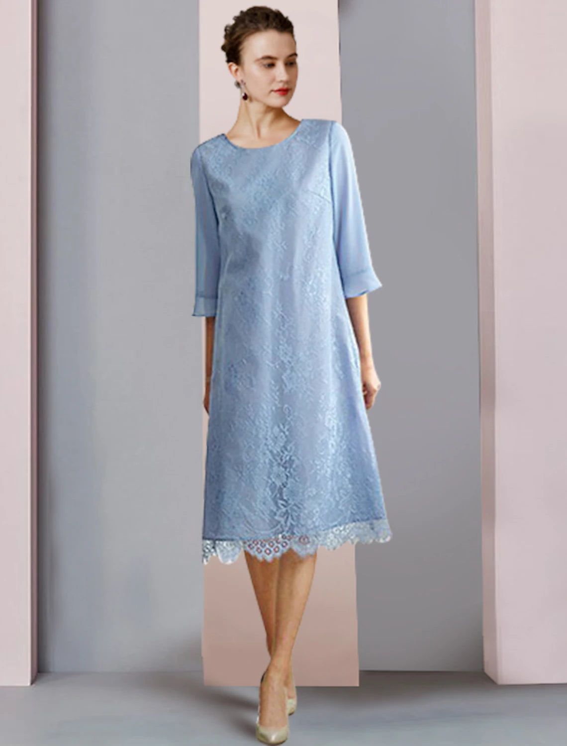 wholesale  Two Piece Sheath / Column Mother of the Bride Dress Formal Wedding Guest Party Elegant Scoop Neck Tea Length Chiffon Lace 3/4 Length Sleeve with Solid Color