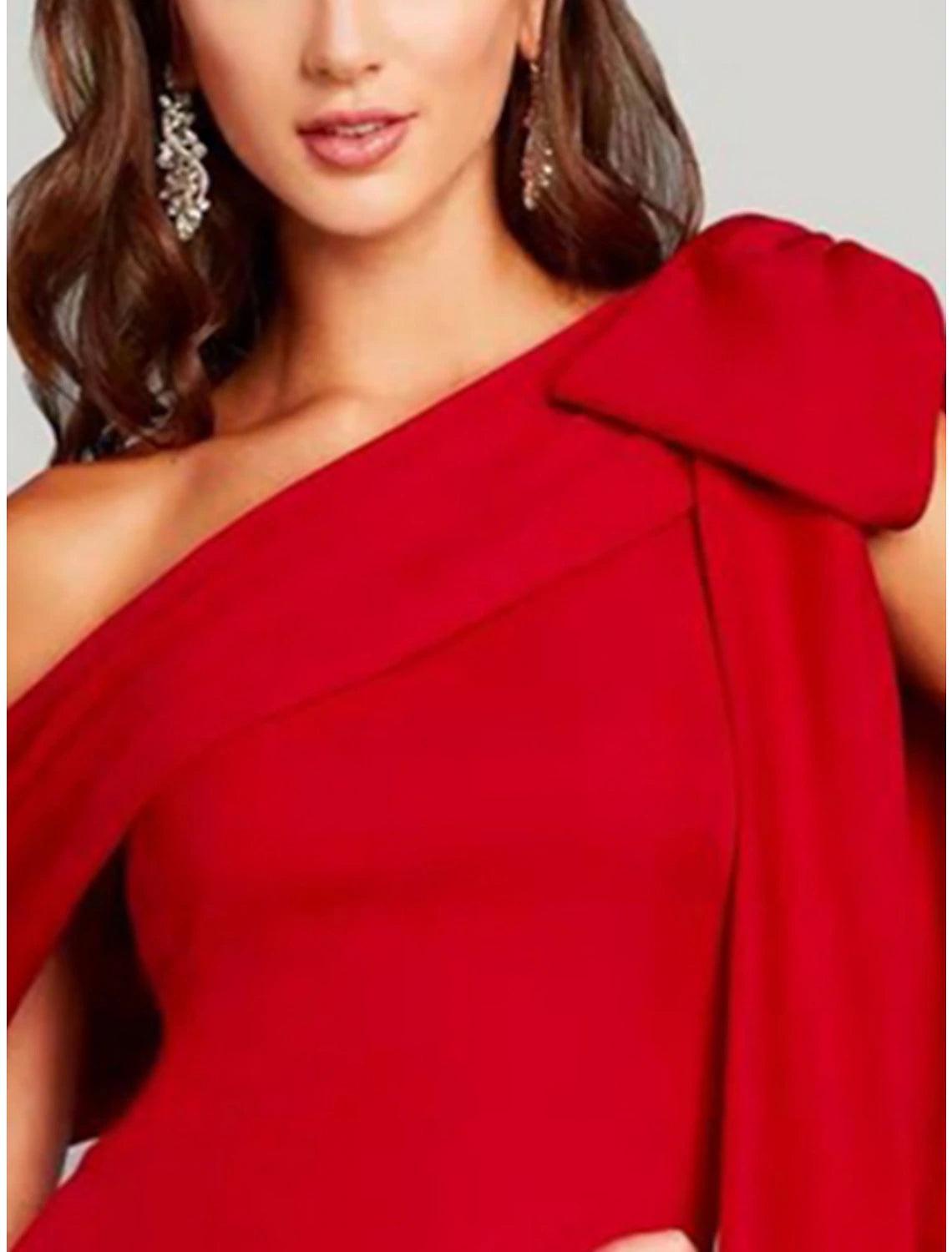 Wholesa Sheath / Column Evening Gown Elegant Dress Formal Sweep / Brush Train Christmas Red Green Dress Short Sleeve One Shoulder Charmeuse with Bow(s) Pleats Slit