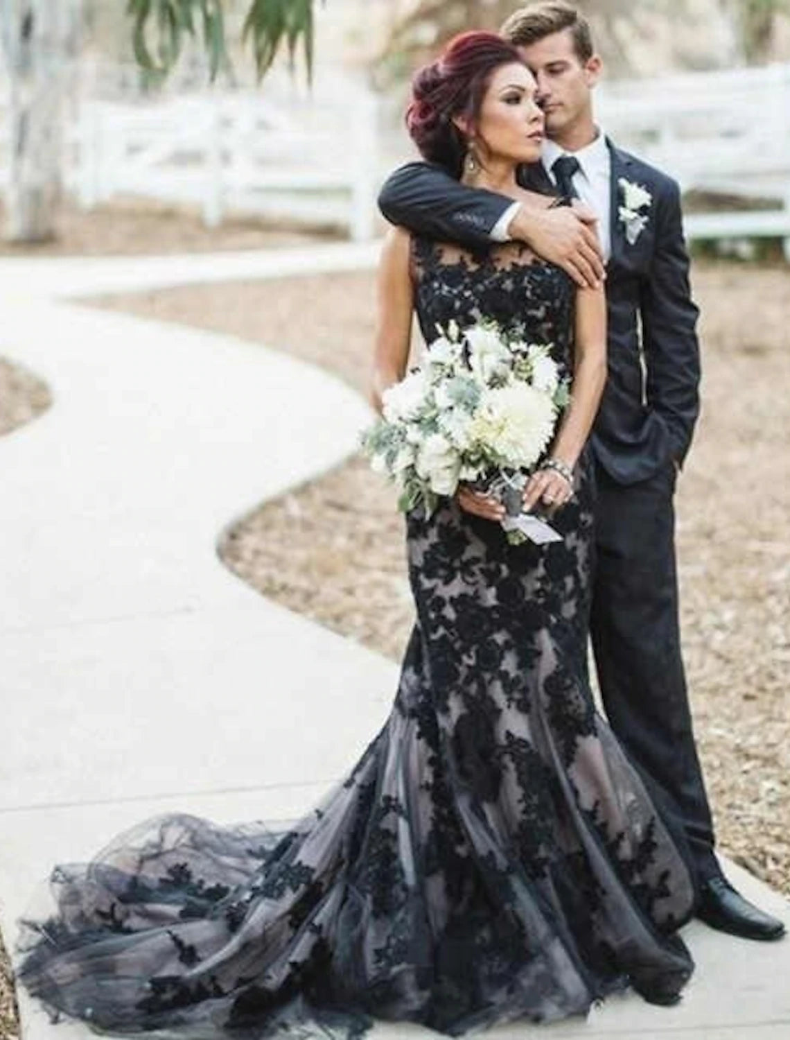 wholesale  Engagement Gothic Black Wedding Dresses Formal Mermaid / Trumpet Illusion Neck Sleeveless Court Train Satin Bridal Gowns With Appliques Summer Fall Halloween Wedding Party