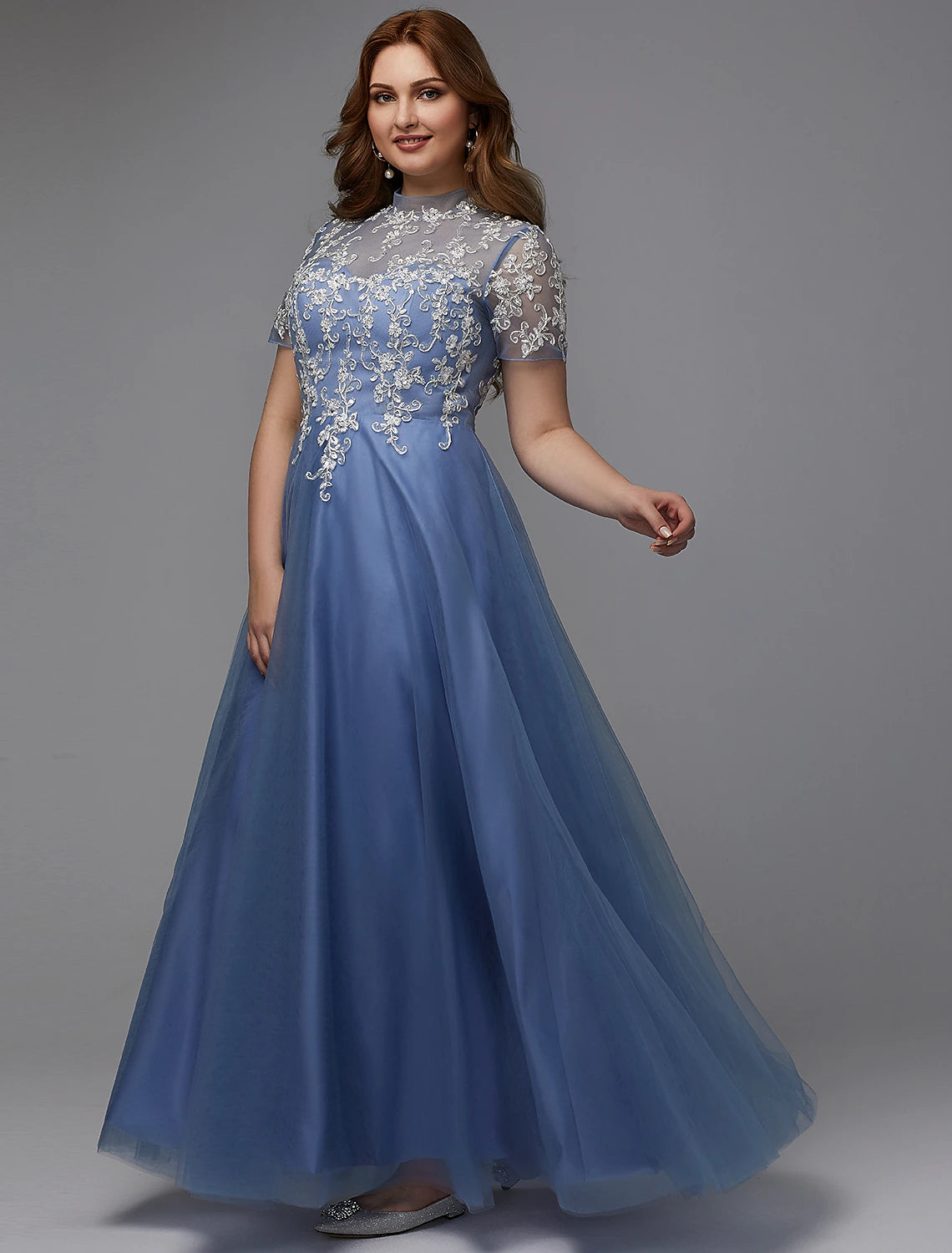 wholesaA-Line Plus Size Dress Wedding Guest Prom Floor Length Short Sleeve High Neck Lace Lace-up with Appliques