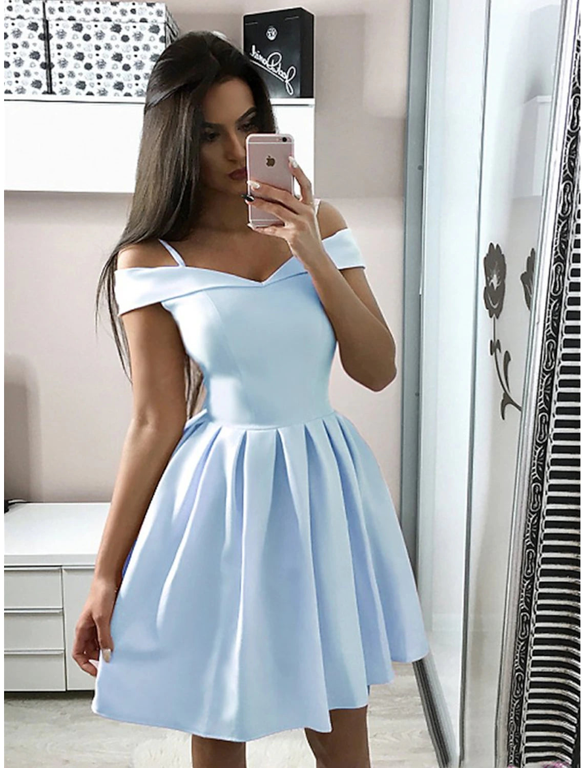 Wholesa A-Line Cocktail Dresses Minimalist Dress Homecoming Party Wear Knee Length Sleeveless V Neck Pink Dress Stretch Fabric with Pleats
