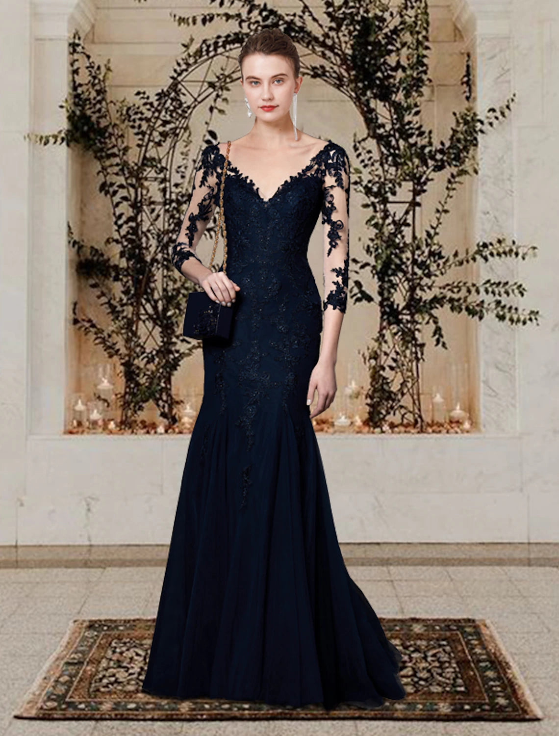 wholesale    Mermaid / Trumpet Mother of the Bride Dress Elegant V Neck Sweep / Brush Train Lace Tulle Short Sleeve with Appliques