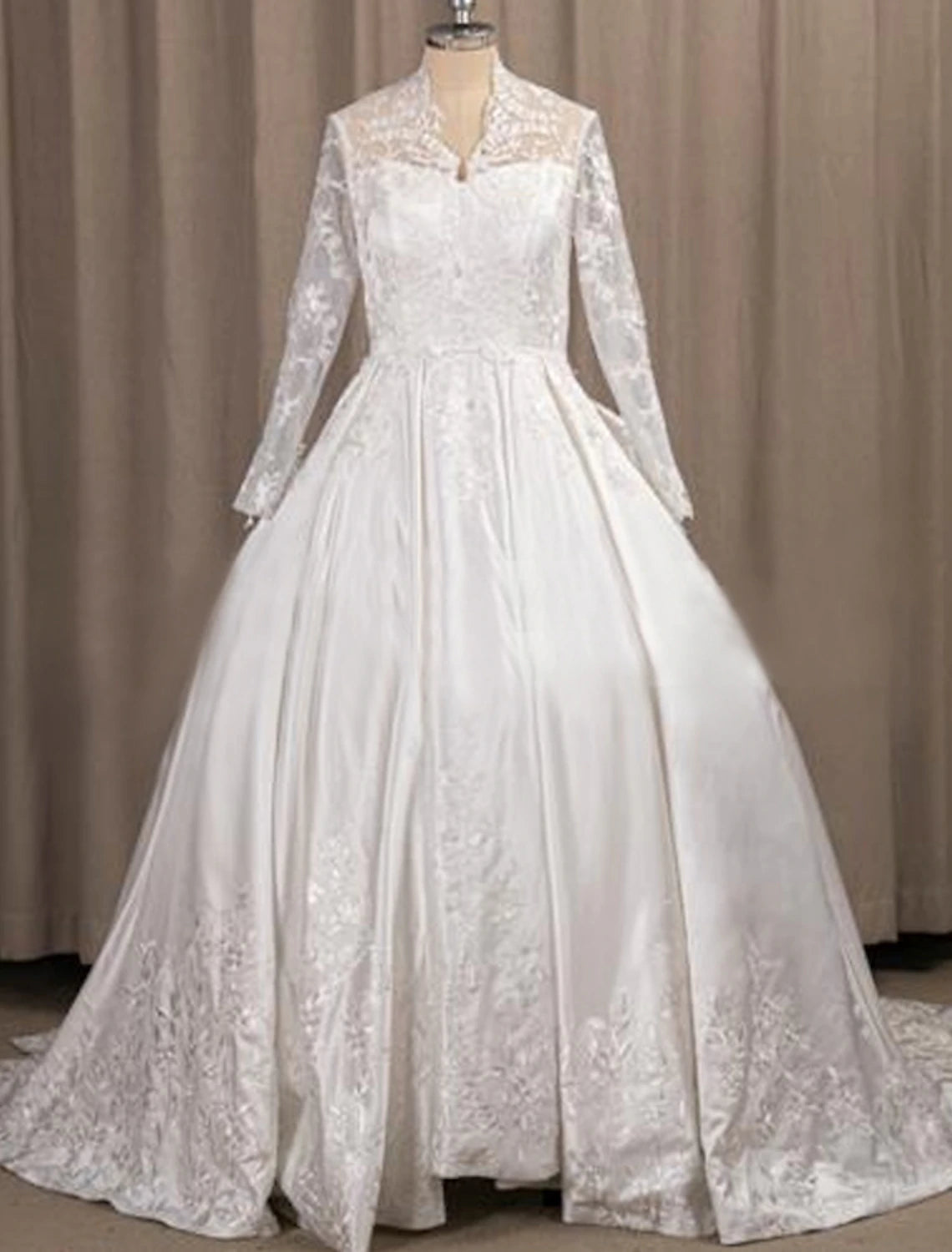 wholesale  Engagement Formal Fall Wedding Dresses A-Line Illusion Neck Long Sleeve Court Train Satin Bridal Gowns With Pleats Appliques