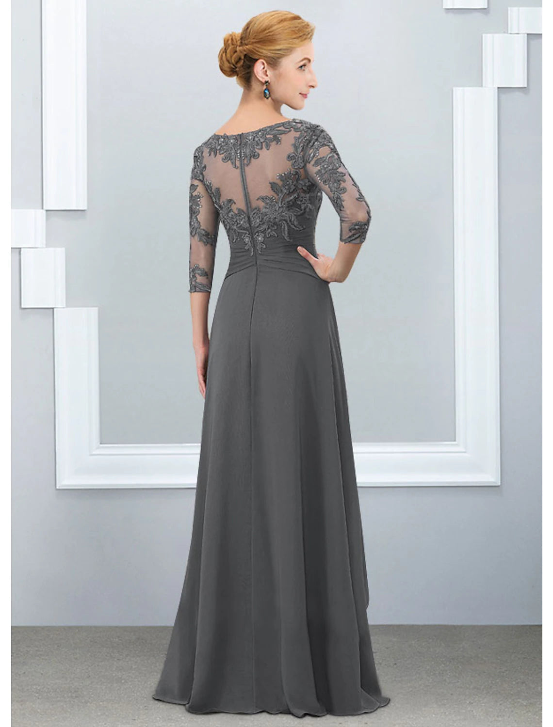 wholesale  A-Line Mother of the Bride Dress Elegant Jewel Neck Floor Length Chiffon Lace Half Sleeve with Ruffles Appliques