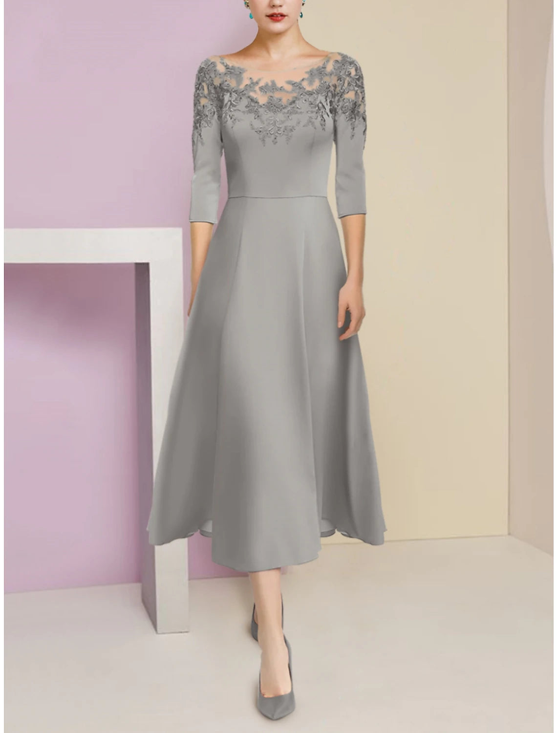 Wholesa  A-Line Mother of the Bride Dress Wedding Guest Elegant Scoop Neck Tea Length Stretch Chiffon Half Sleeve with Lace Ruching Solid Color