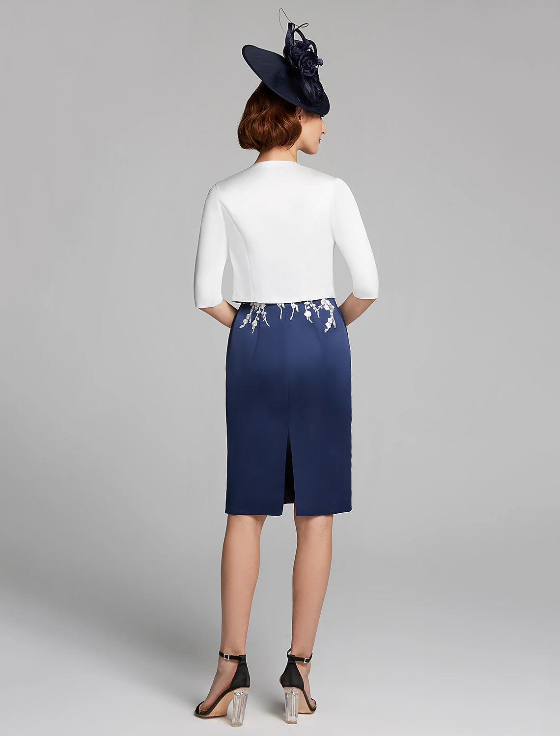 wholesale  Sheath / Column Mother of the Bride Dress Wrap Included Jewel Neck Knee Length Satin Lace Sleeveless with Appliques