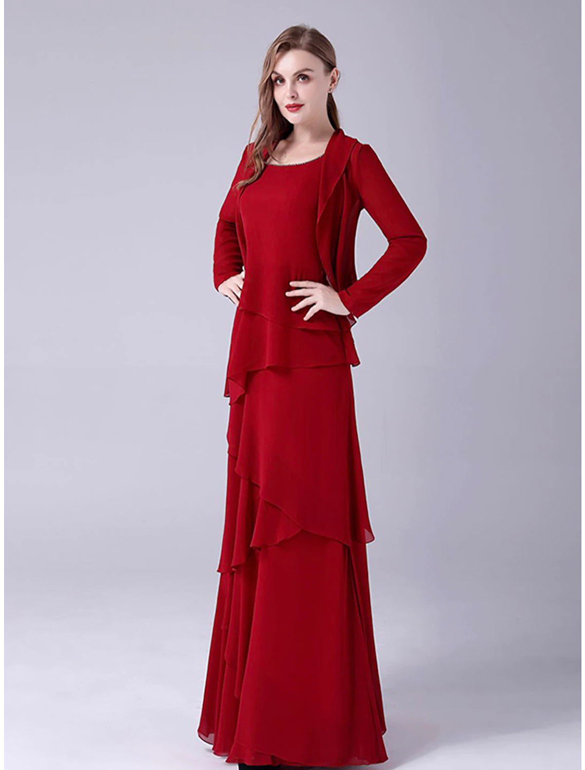 wholesale  A-Line Mother of the Bride Dress Plus Size Elegant Scoop Neck Floor Length Chiffon Sleeveless with Beading Cascading Ruffles