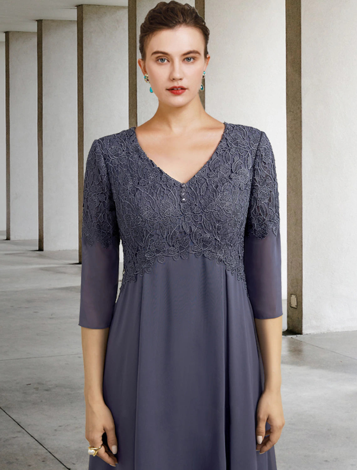 wholesale  A-Line Mother of the Bride Dress Fall Wedding Guest Plus Size Elegant V Neck Tea Length Chiffon Lace 3/4 Length Sleeve with Ruffles Appliques