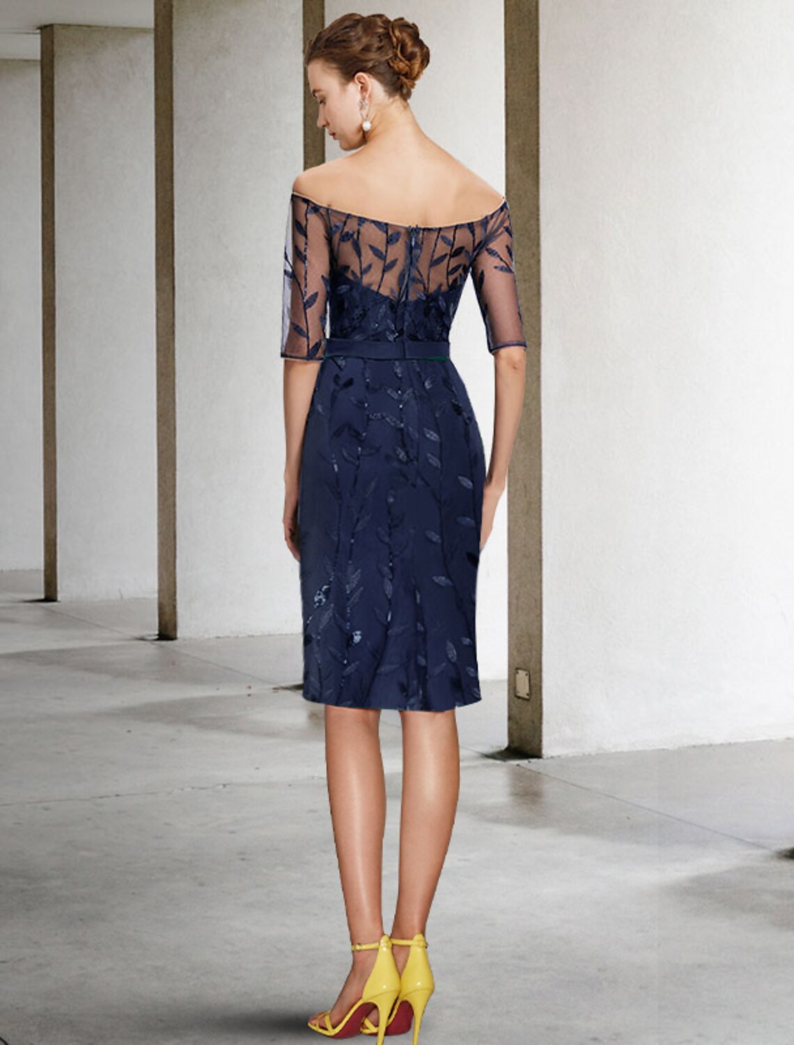 wholesale  Two Piece Sheath / Column Mother of the Bride Dress Formal Wedding Guest Sparkle & Shine Elegant Off Shoulder Knee Length Chiffon Lace Sequined Half Sleeve with Bow(s) Appliques