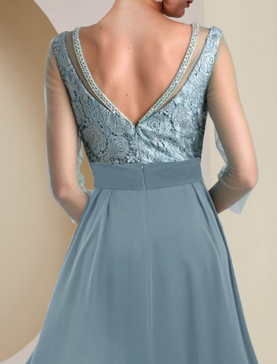 wholesale  Two Piece Sheath / Column Mother of the Bride Dress Formal Wedding Guest Vintage Elegant Jewel Neck Tea Length Knee Length Chiffon Lace 3/4 Length Sleeve with Beading Appliques