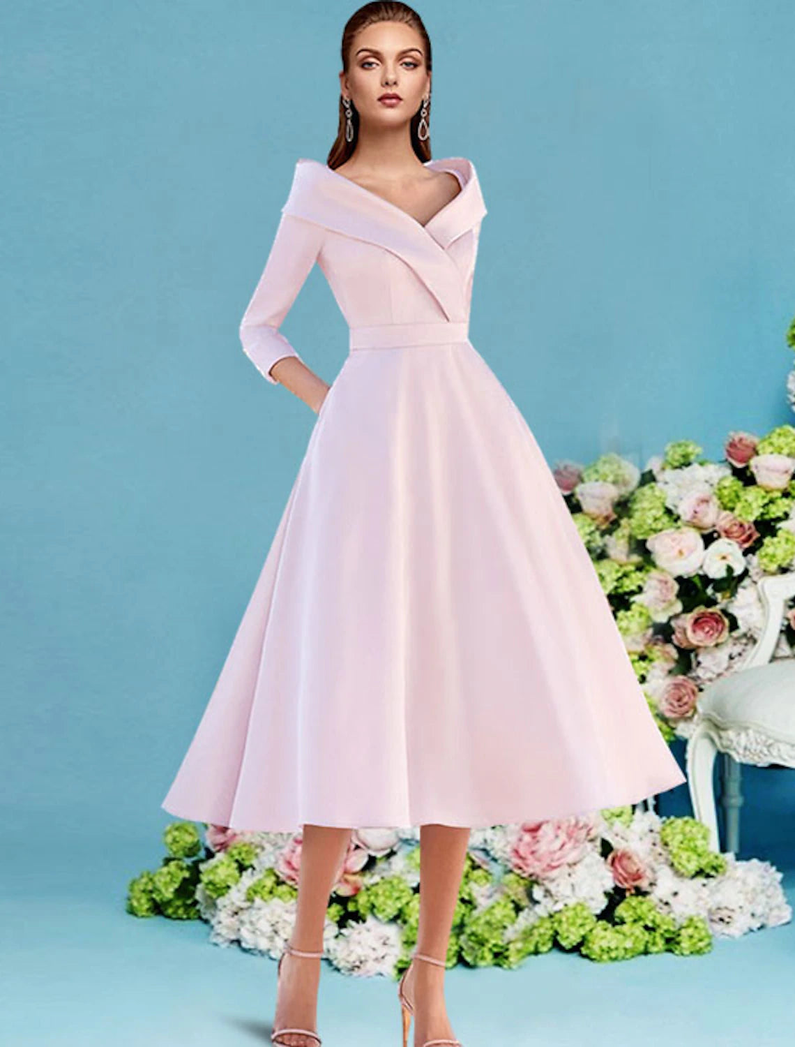 wholesale  A-Line Mother of the Bride Dress Fall Wedding Guest Vintage Elegant V Neck Tea Length Satin 3/4 Length Sleeve with Pleats