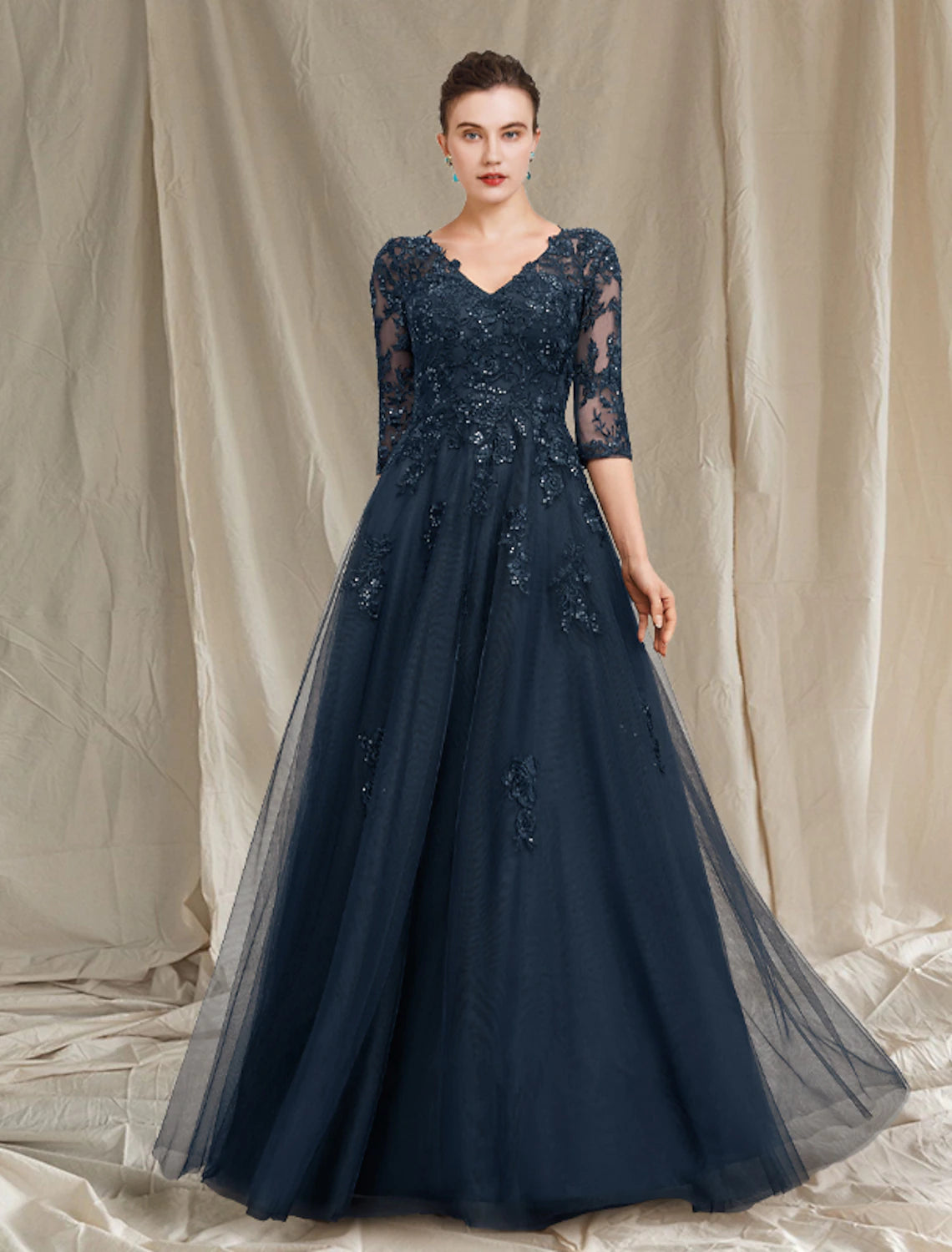 wholesale  A-Line Mother of the Bride Dress Luxurious Elegant V Neck Floor Length Chiffon Lace Tulle Half Sleeve with Sequin Appliques