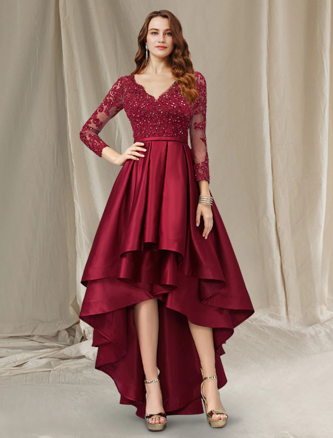 wholesale  A-Line Mother of the Bride Dress Luxurious Elegant High Low V Neck Asymmetrical Floor Length Satin Lace Half Sleeve with Beading Appliques