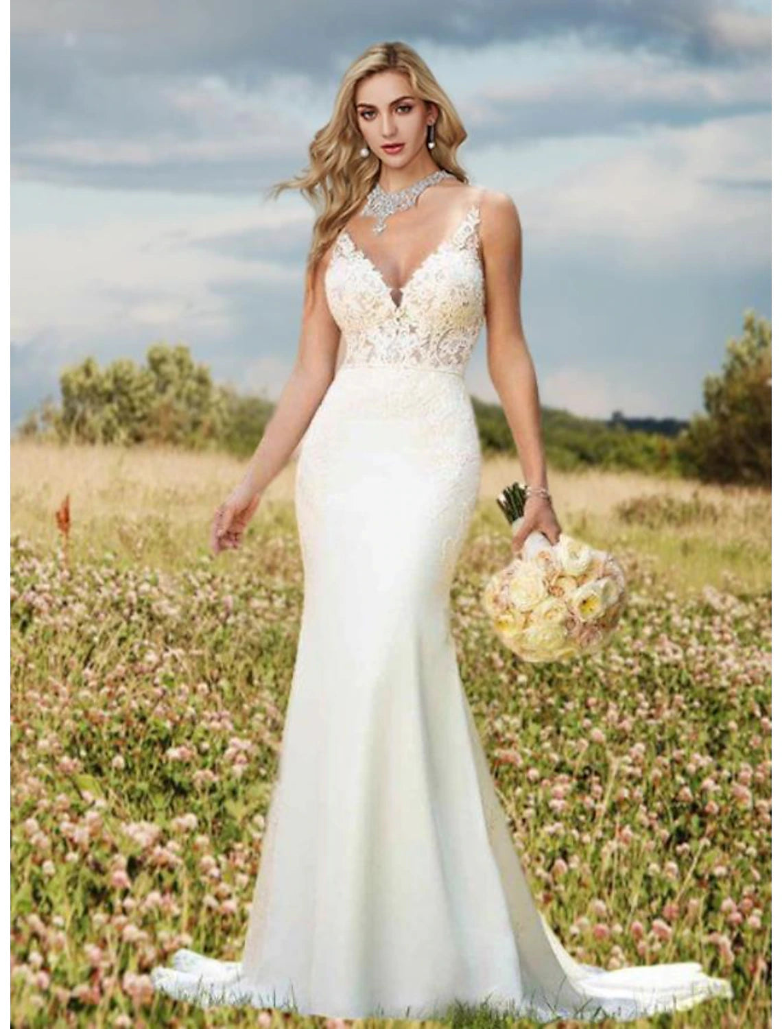 wholesale  Engagement Open Back Sexy Formal Wedding Dresses Mermaid / Trumpet V Neck Sleeveless Court Train Lace Bridal Gowns With Appliques