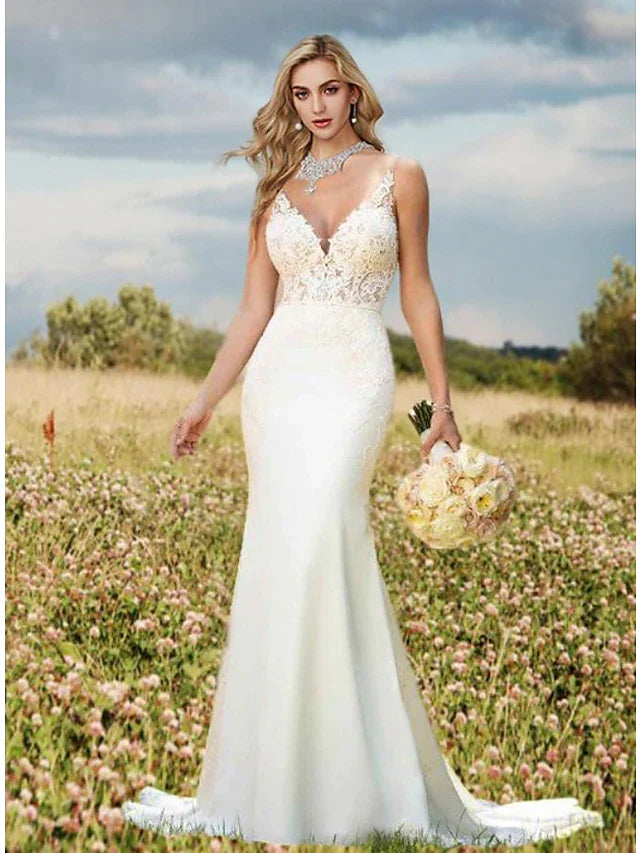 Wholesa Engagement Open Back Sexy Formal Wedding Dresses Court Train Mermaid / Trumpet Sleeveless V Neck Crepe With Appliques