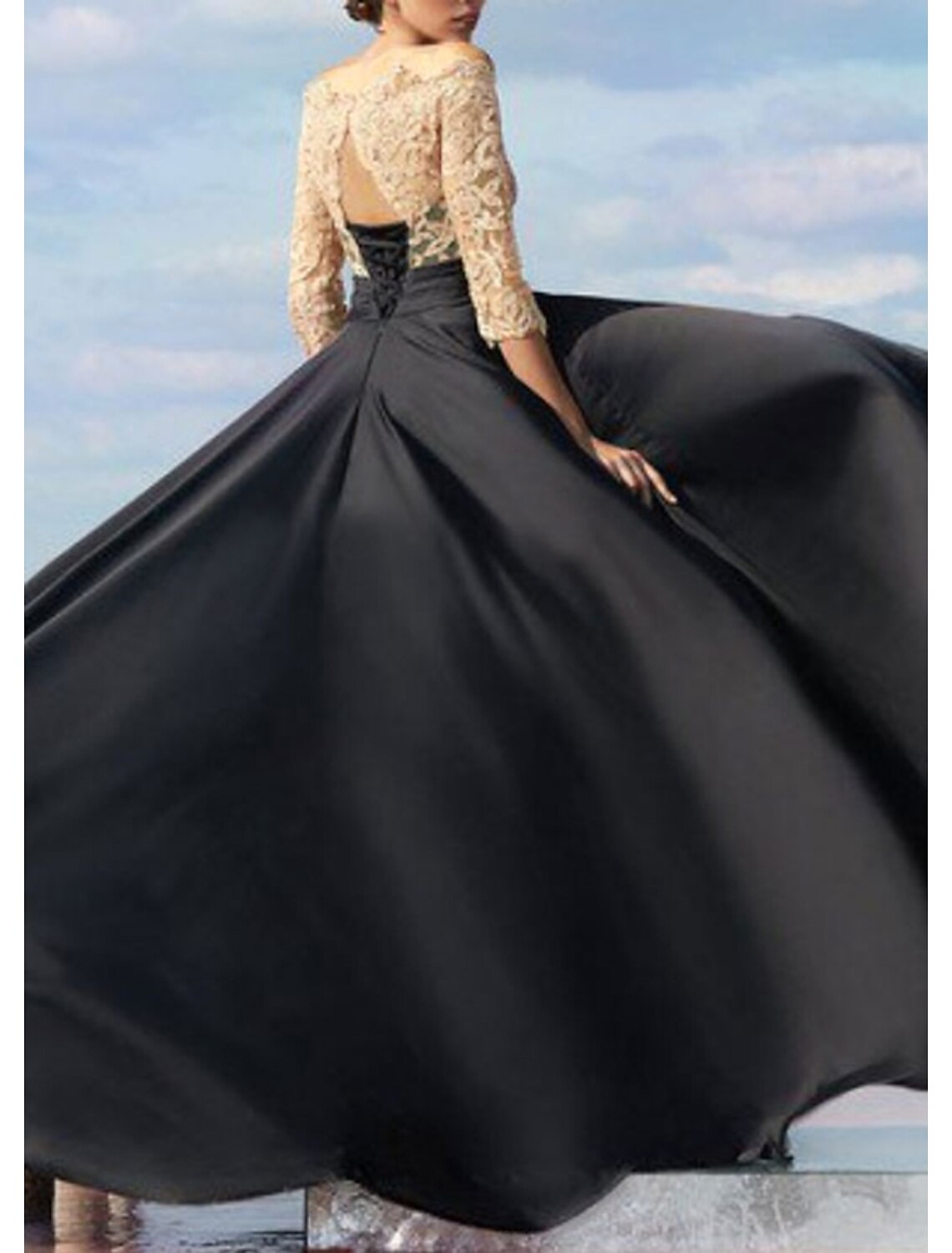 Wholesa A-Line Evening Gown Empire Dress Wedding Guest Engagement Floor Length Half Sleeve Off Shoulder Chiffon with Lace Insert Appliques