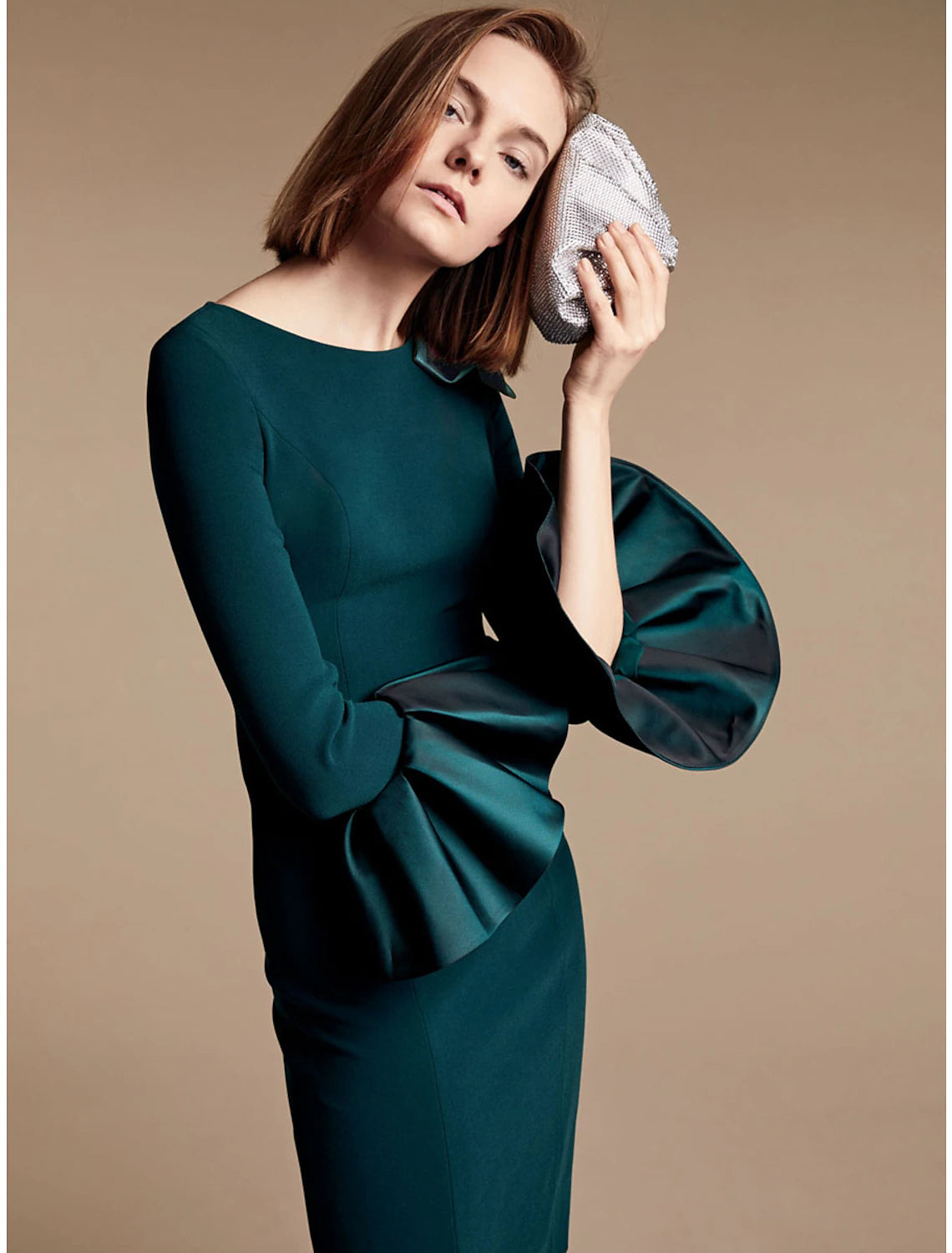 wholesale  Sheath / Column Mother of the Bride Dress Vintage Minimalist Elegant Jewel Neck Knee Length Shantung Stretch Satin Stretch Fabric Long Sleeve with Bow(s) Ruffles Draping