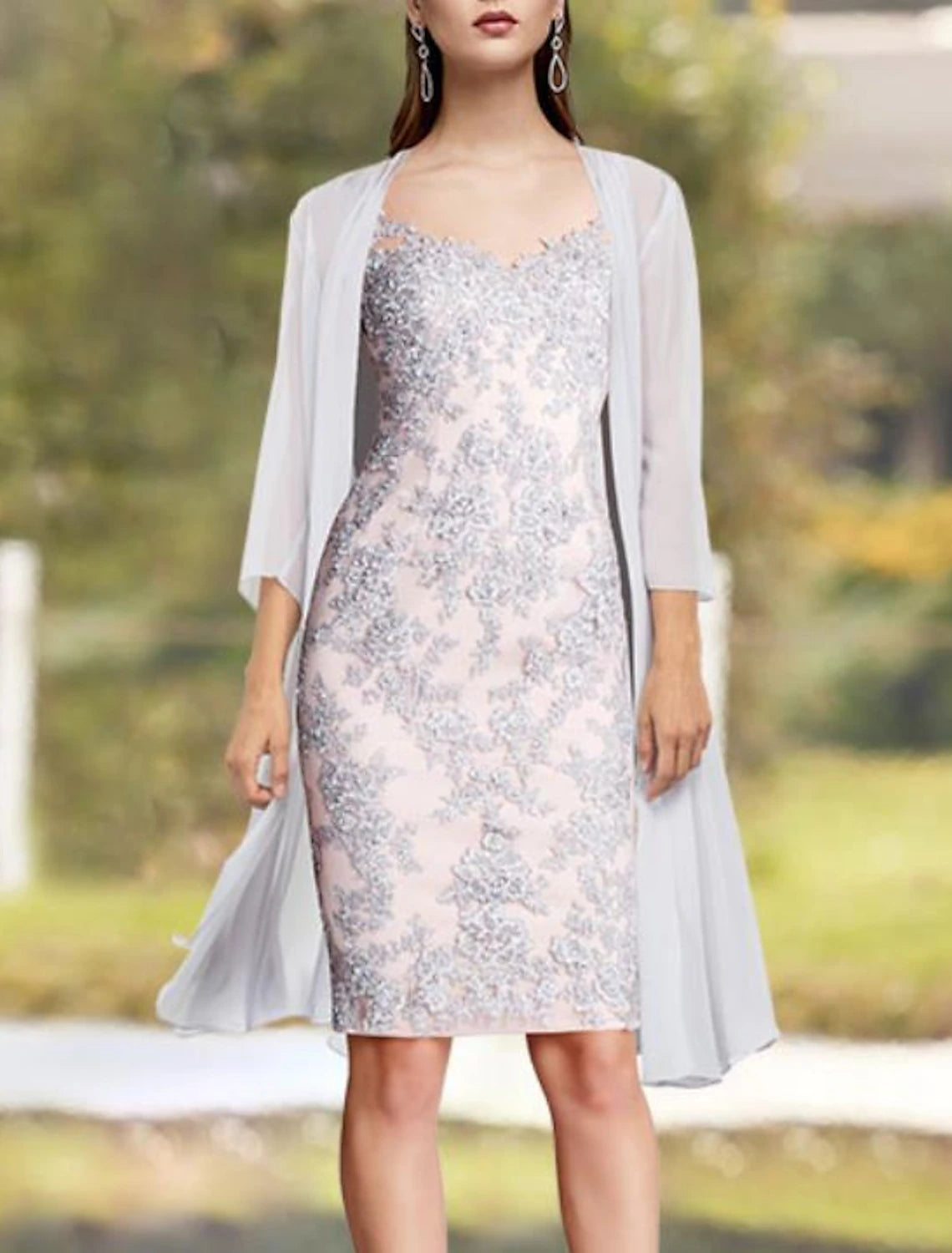 wholesale  Two Piece Sheath / Column Mother of the Bride Dress Elegant V Neck Knee Length Chiffon Lace 3/4 Length Sleeve Jacket Dresses with Appliques