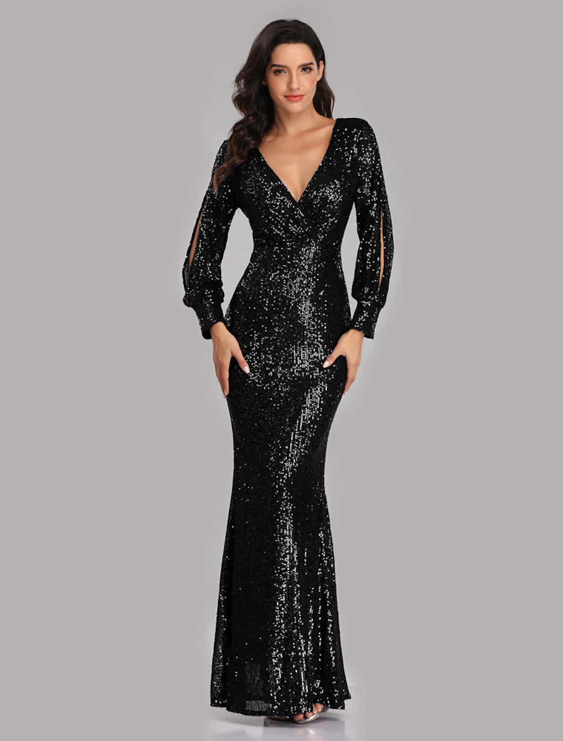 Wholesa Mermaid / Trumpet Evening Gown Sparkle Dress Party Dress Wedding Guest Floor Length Long Sleeve V Neck Sequined with Sequin