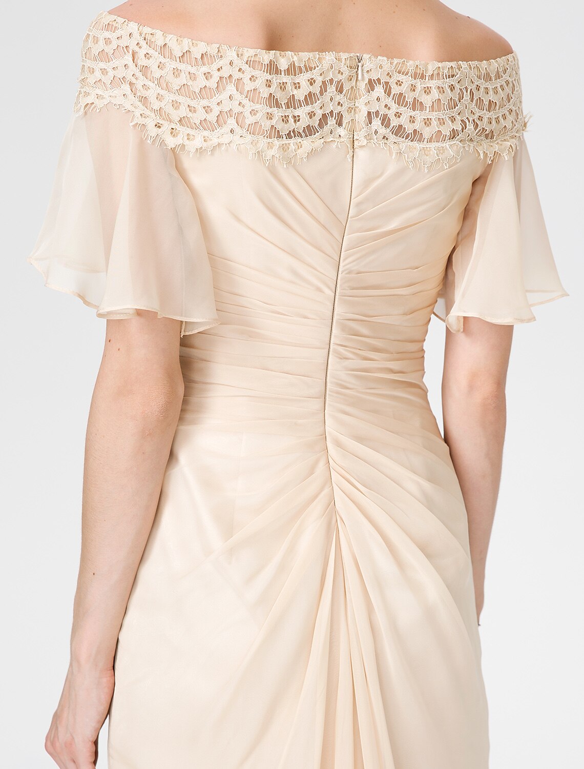 wholesale  Sheath / Column Mother of the Bride Dress Elegant Off Shoulder Sweep / Brush Train Chiffon Lace Short Sleeve with Pleats