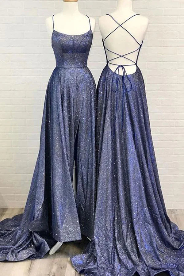 Wholesa Sparkly Cross Back Long Prom Dresses with Split