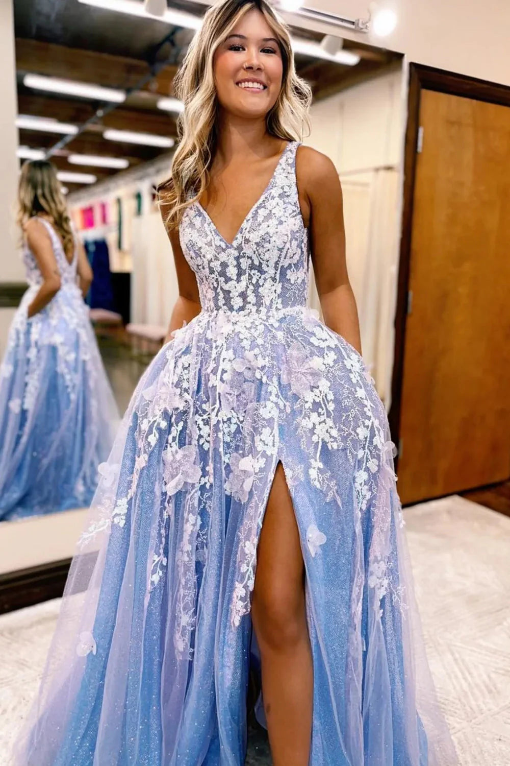 Wholesa A-Line Glitter Lace Long Prom Dress with Flowers and Pockets