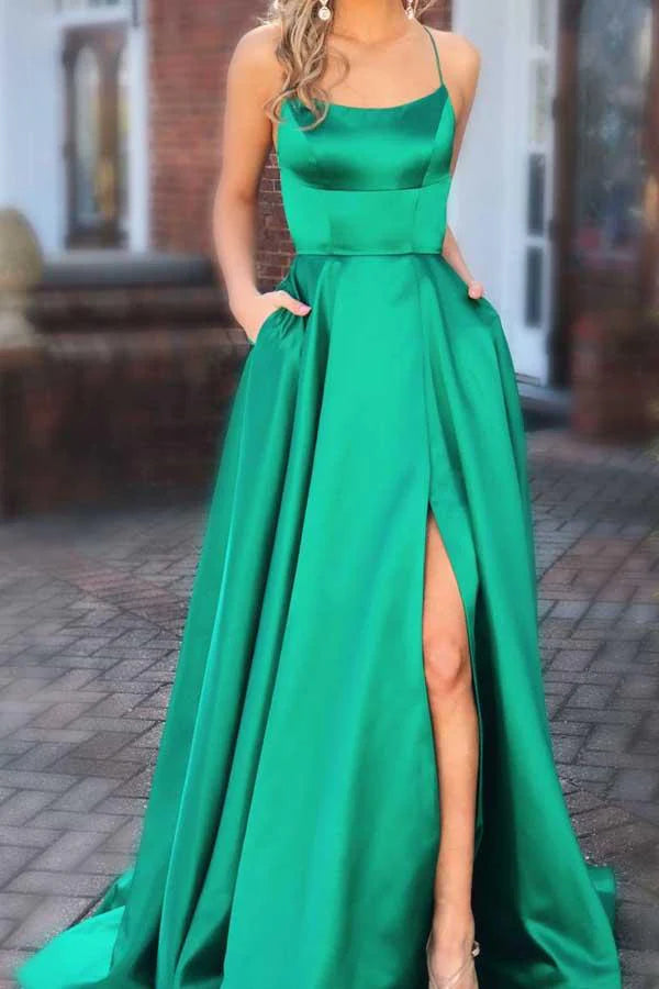 Wholesa Spaghetti Straps Formal Dress Long Prom Dresses with Pocket