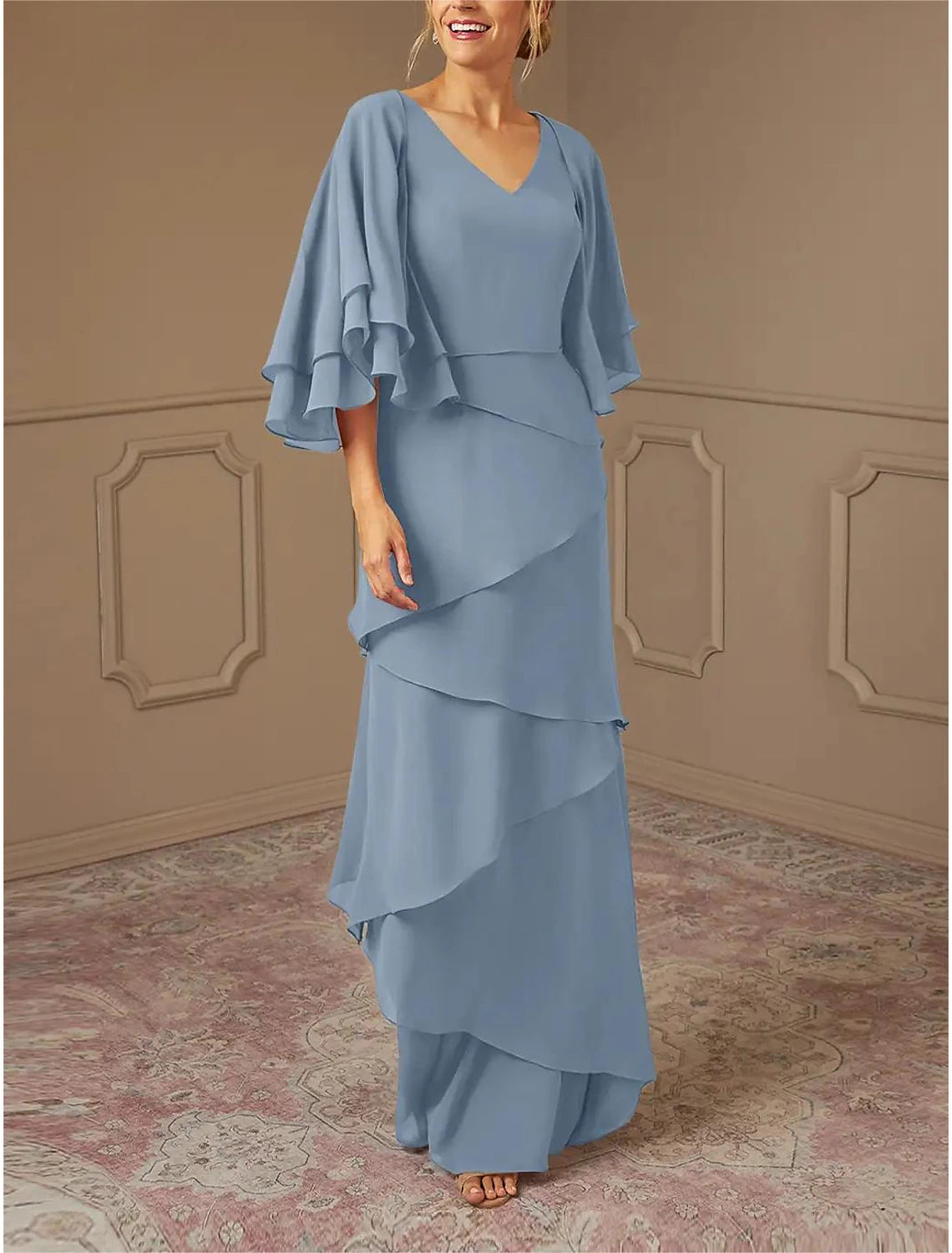 Wholesa  A-Line Mother of the Bride Dress Formal Wedding Guest Elegant V Neck Floor Length Chiffon Half Sleeve Wrap Included with Cascading Ruffles Solid Color