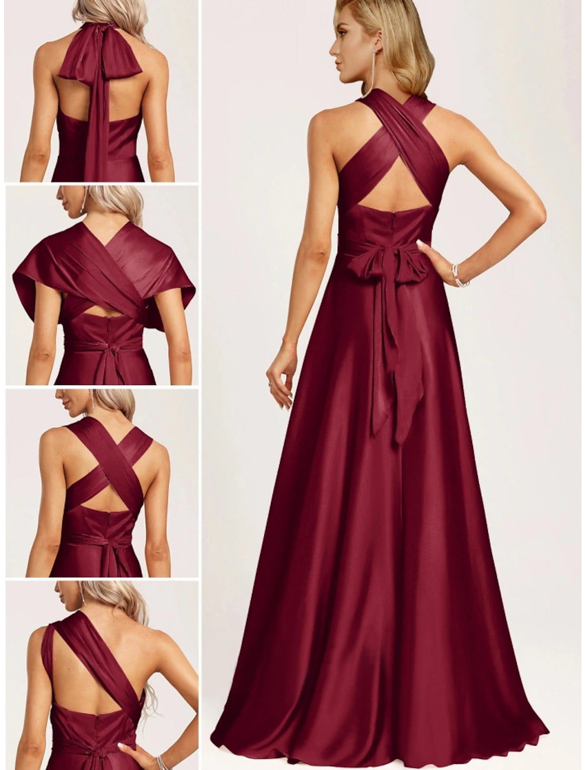 Wholesa  A-Line Bridesmaid Dress Halter Neck Sleeveless Elegant Floor Length Stretch Satin with Split Front / Ruching
