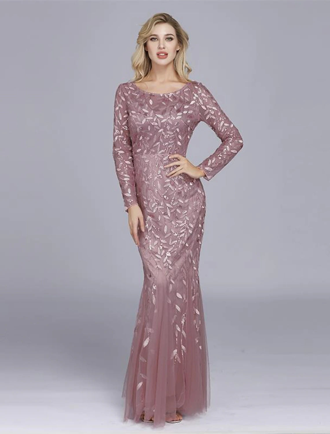 Wholesa Mermaid / Trumpet Empire Elegant Party Wear Formal Evening Valentine's Day Dress Jewel Neck Long Sleeve Floor Length Tulle with Embroidery / Illusion Sleeve