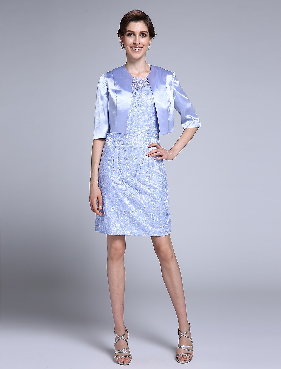 wholesale  Sheath / Column Mother of the Bride Dress Convertible Dress Scoop Neck Knee Length Satin Lace Half Sleeve No with Lace